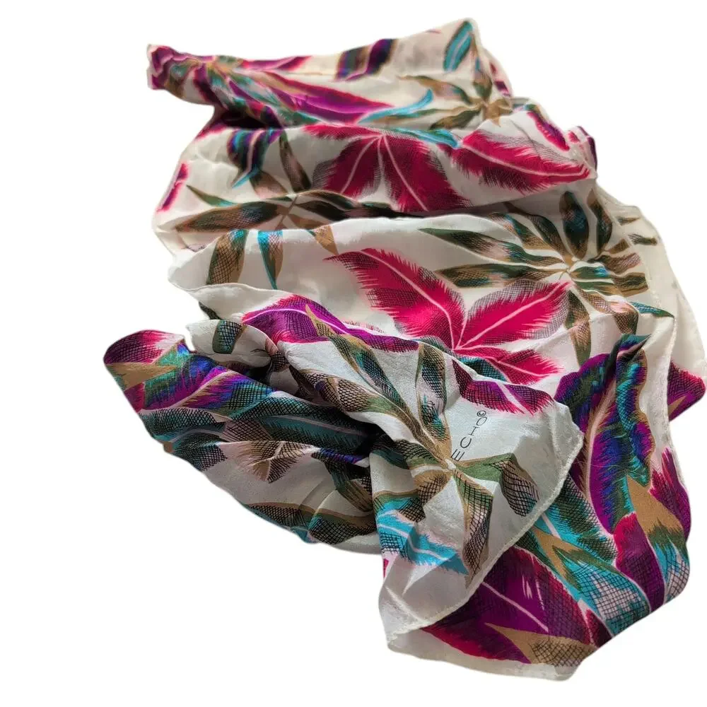 ECHO Silk Scarf‎ Floral Design 52x11 Colorful Bright Pink Blue Vacation Classy